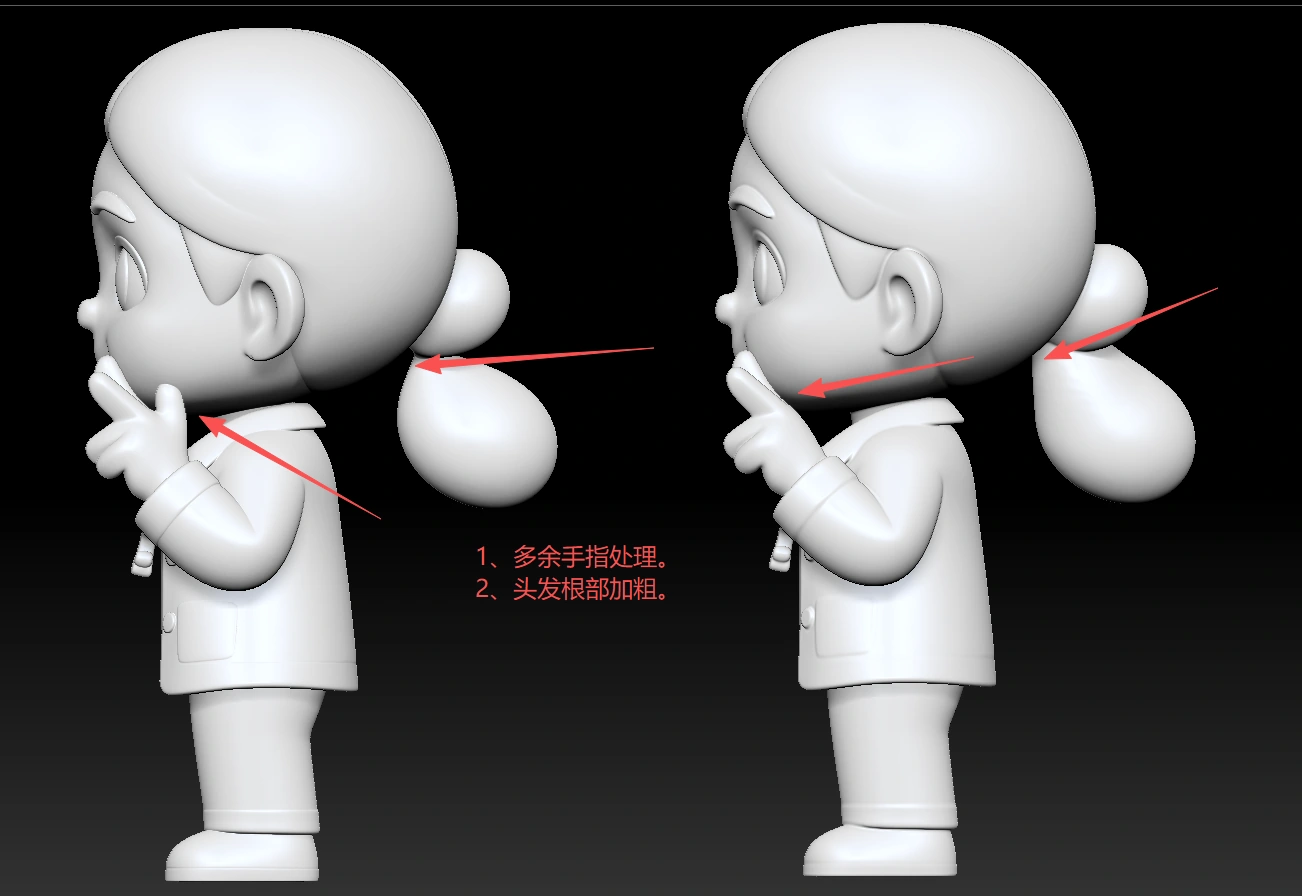 Original finger and hair-root details on the grayscale girl model
