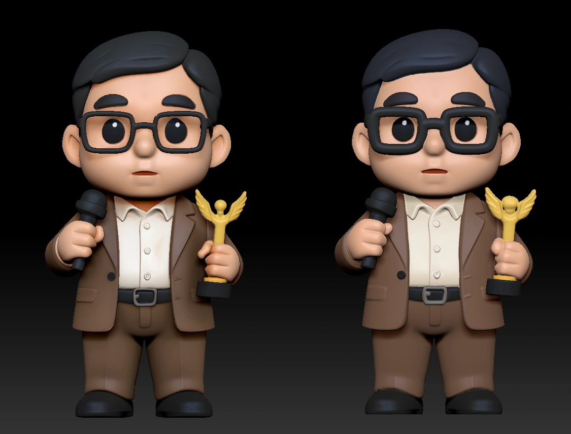 Two cartoon man models with glasses, a microphone and a trophy