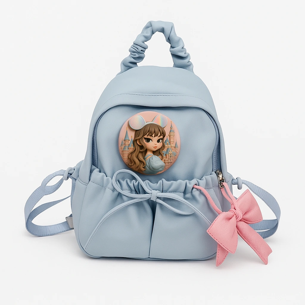 Round portrait badge attached to a blue fabric bag