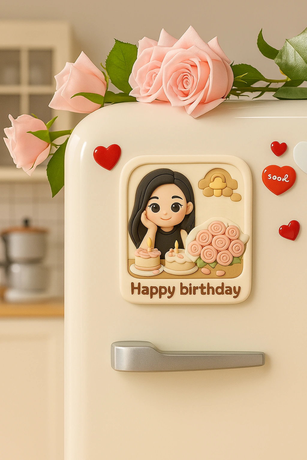 Decorative birthday portrait relief attached to a refrigerator