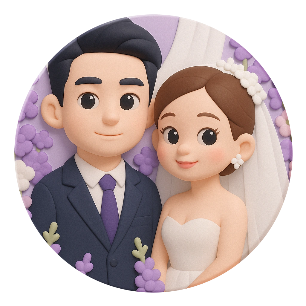 Round wedding portrait badge with purple flowers