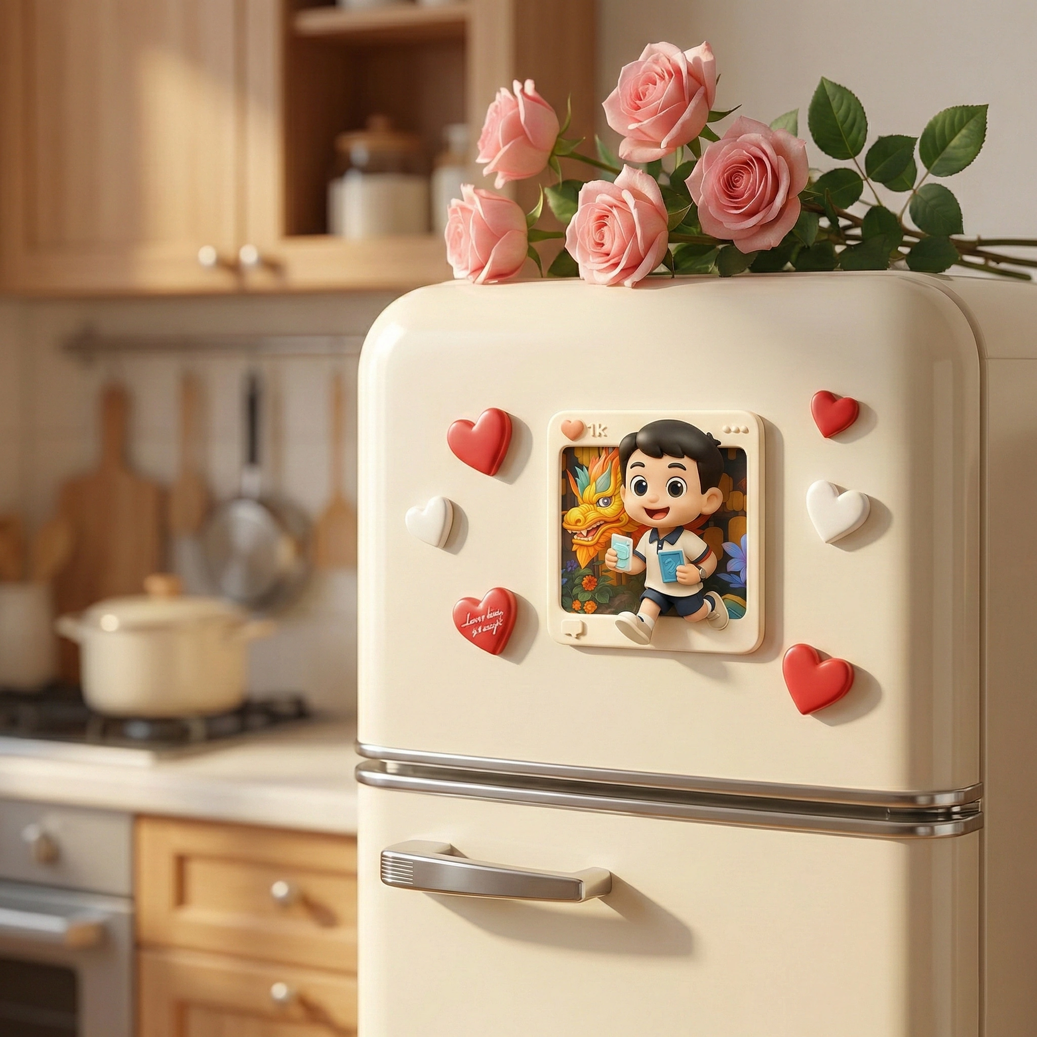 Framed cartoon portrait attached to a refrigerator