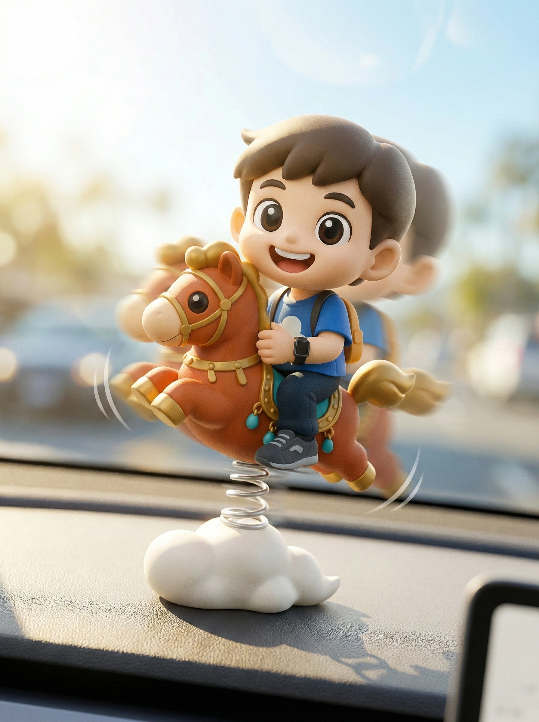 Small horse rocker displayed on a vehicle dashboard
