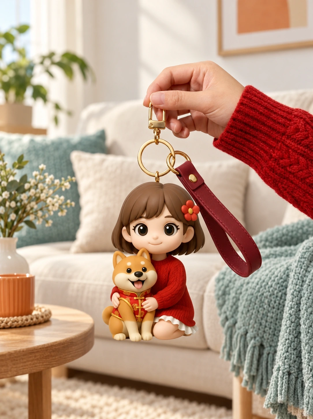 Cartoon girl and corgi charm attached to a keyring