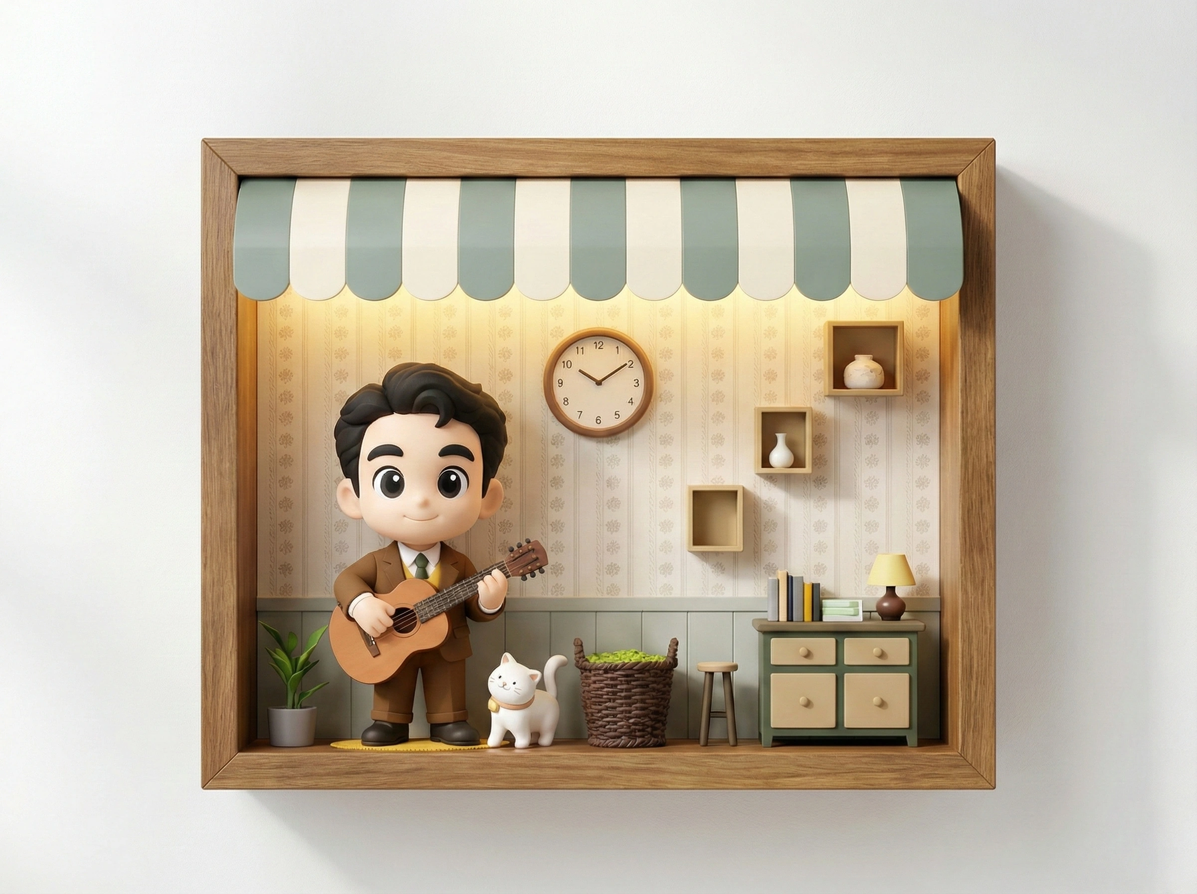 Miniature guitar player and cat inside a transparent display box