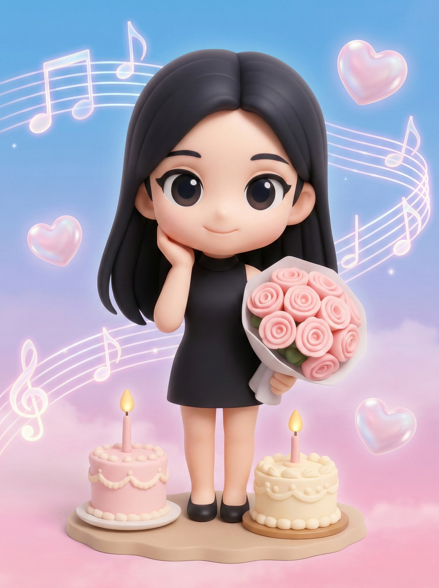 Small portrait gift display with a bouquet and birthday decorations