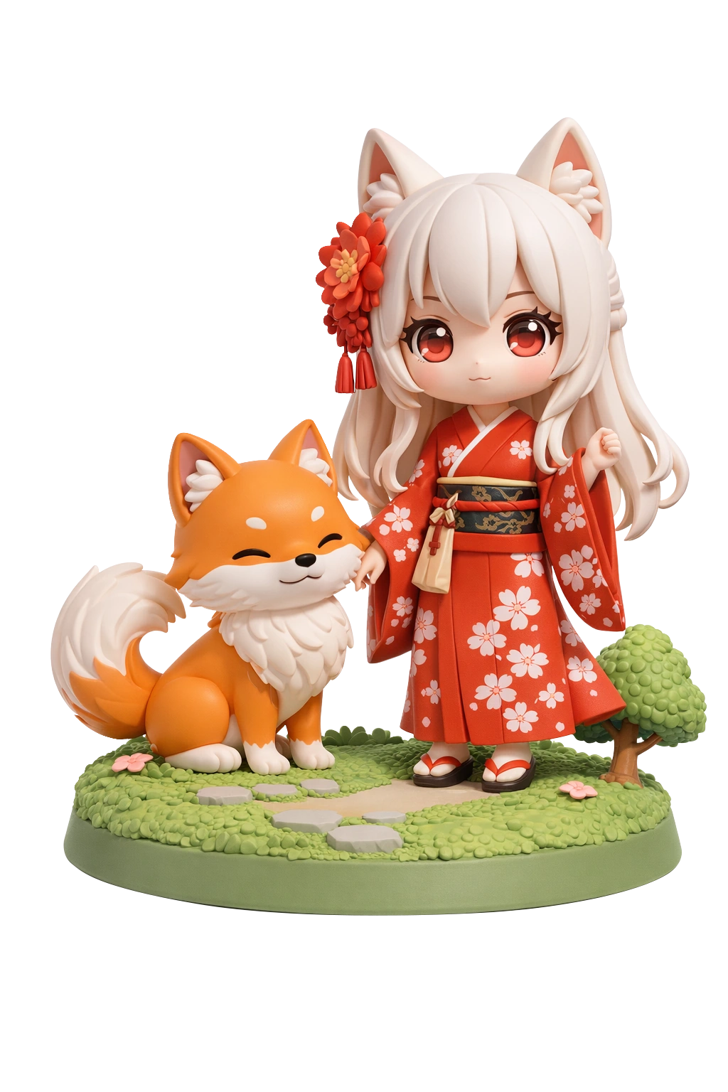 White-haired cartoon woman with a fox-like animal on a display base