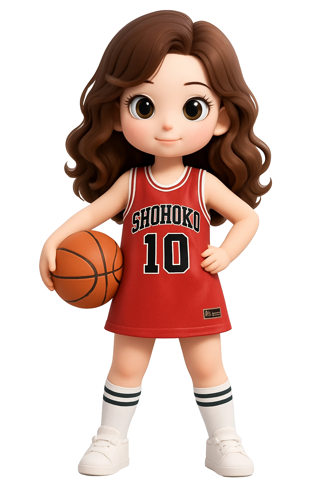 Large-eyed cartoon woman in a red basketball outfit