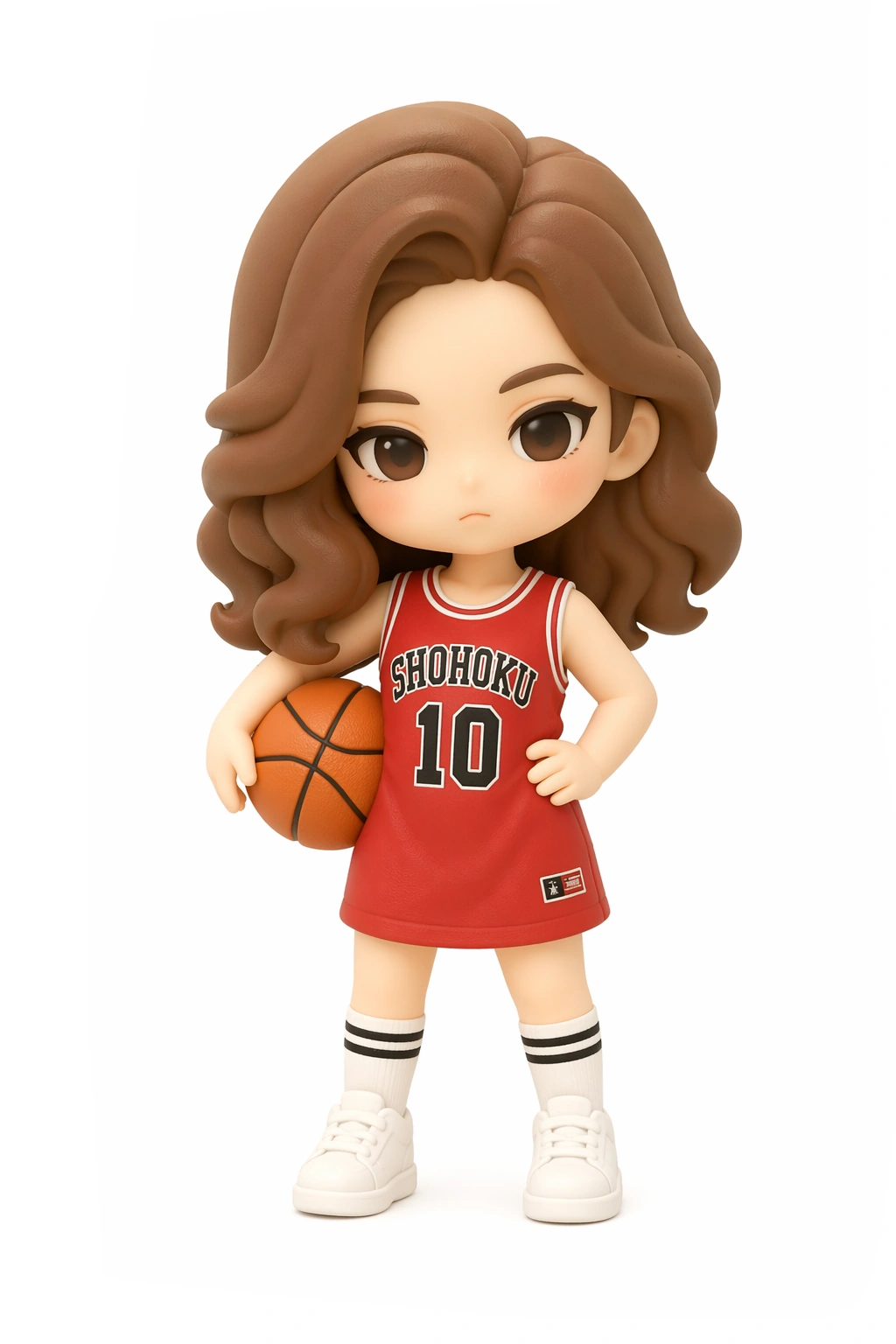 Cartoon woman with a relaxed expression holding a basketball