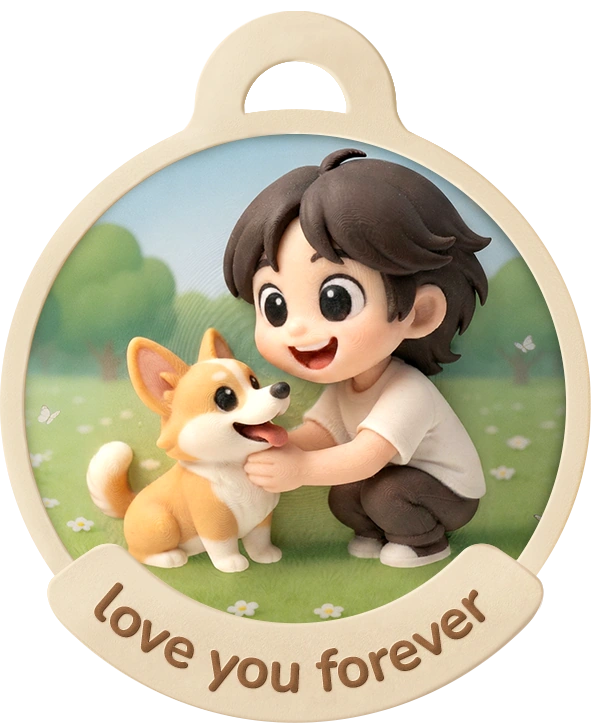 Round relief charm showing a boy and corgi