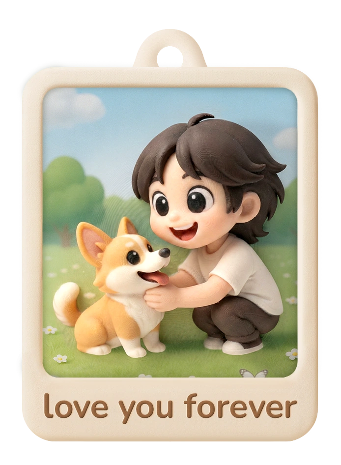 Rounded-rectangle relief charm showing a boy and corgi