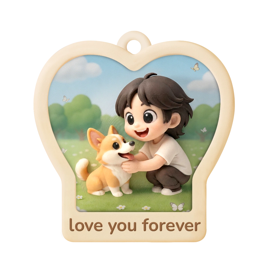 Heart-shaped relief charm showing a boy and corgi