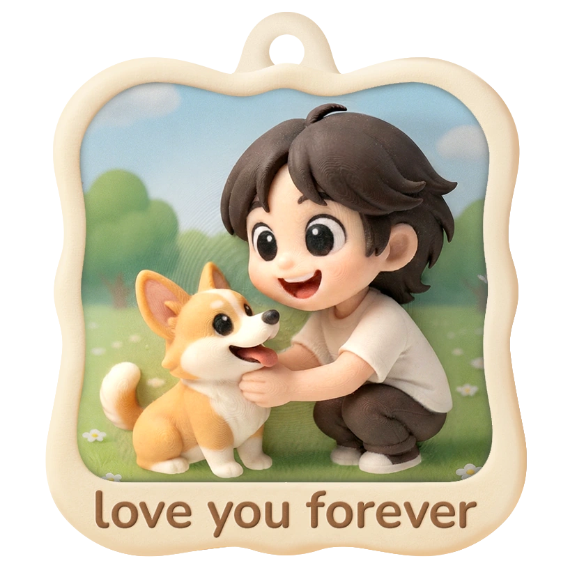 Wavy-square relief charm showing a boy and corgi