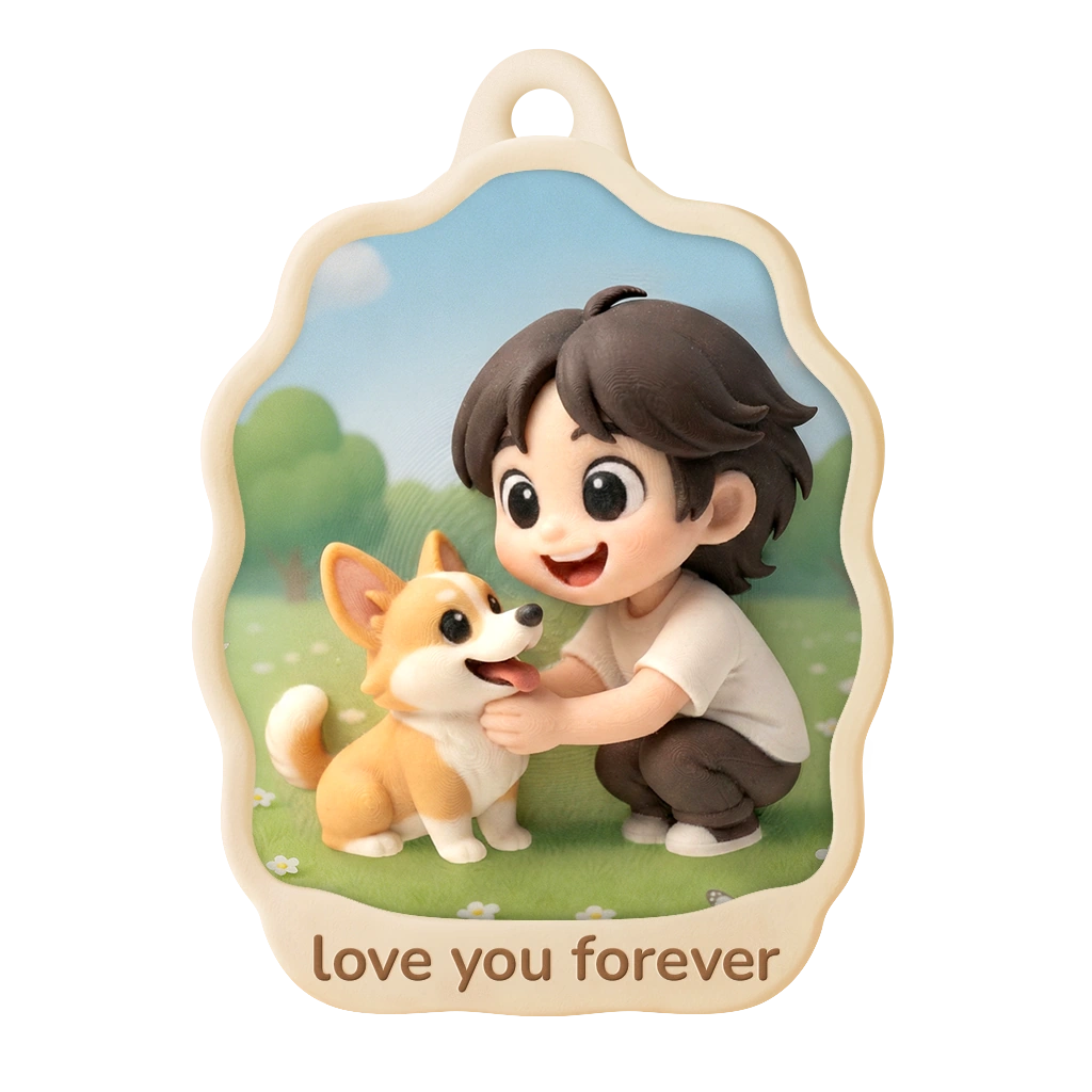 Wavy-oval relief charm showing a boy and corgi