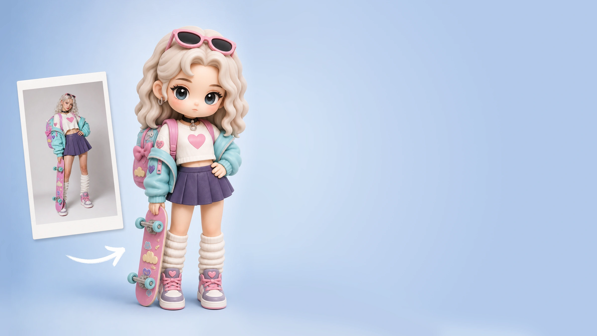 A framed photo of a woman with a skateboard beside the corresponding Soft Cute 3D figurine, showing an oversized head and gentle expression.