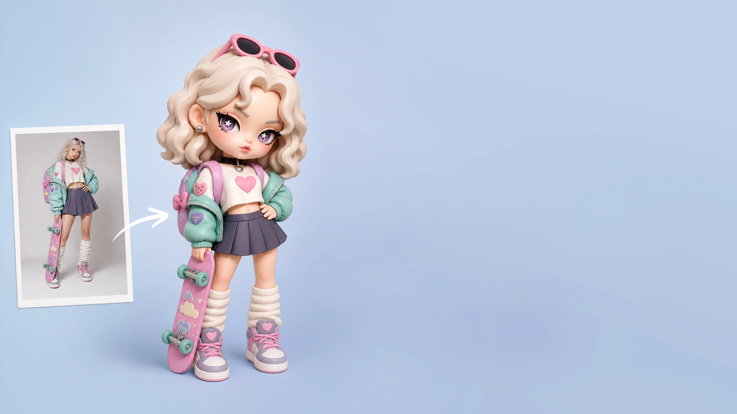 A framed photo of a woman beside the corresponding Sweet and Cool 3D figurine, with star-shaped eye highlights and defined makeup.