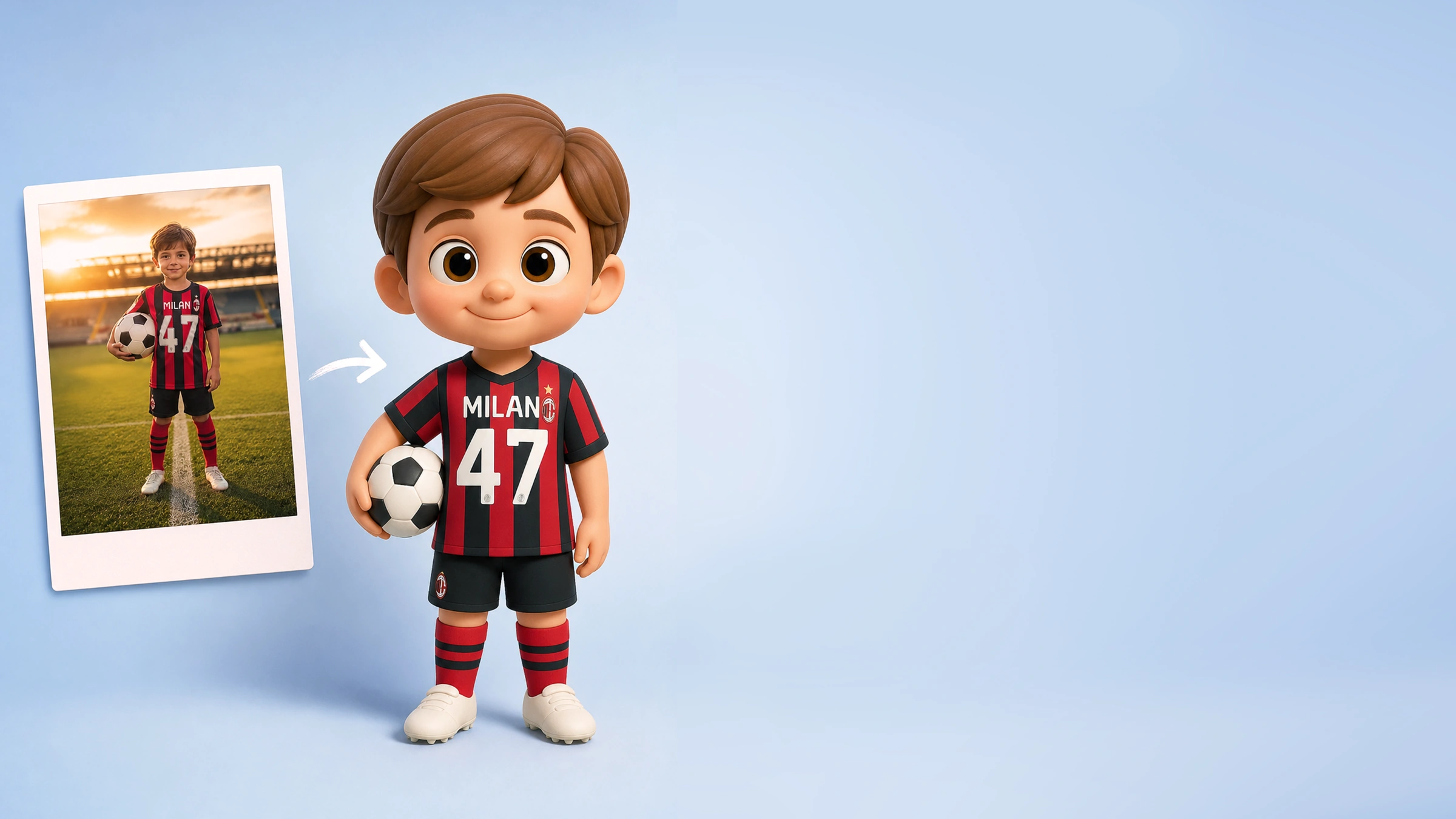 A framed photo of a child in football clothing beside the corresponding Animated Cartoon 3D figurine with softly rounded features.