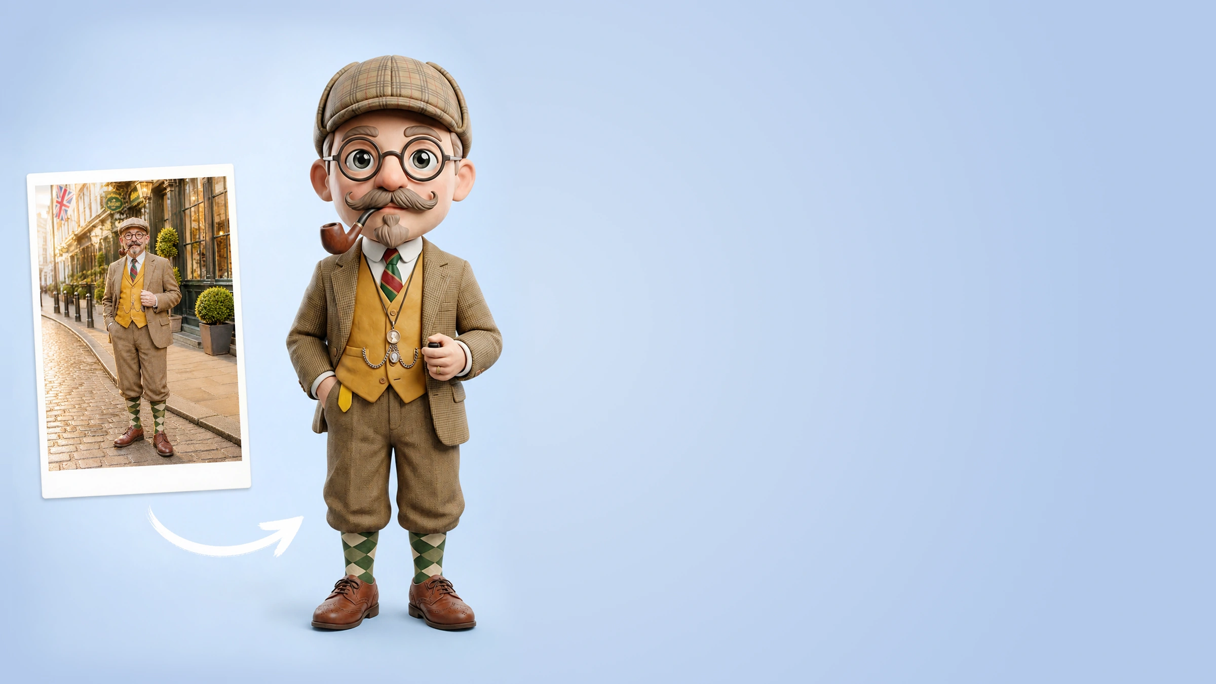 A framed photo of an older man in a checked cap beside the corresponding Clay-look Cartoon 3D figurine with rounded forms and modeled surface texture.