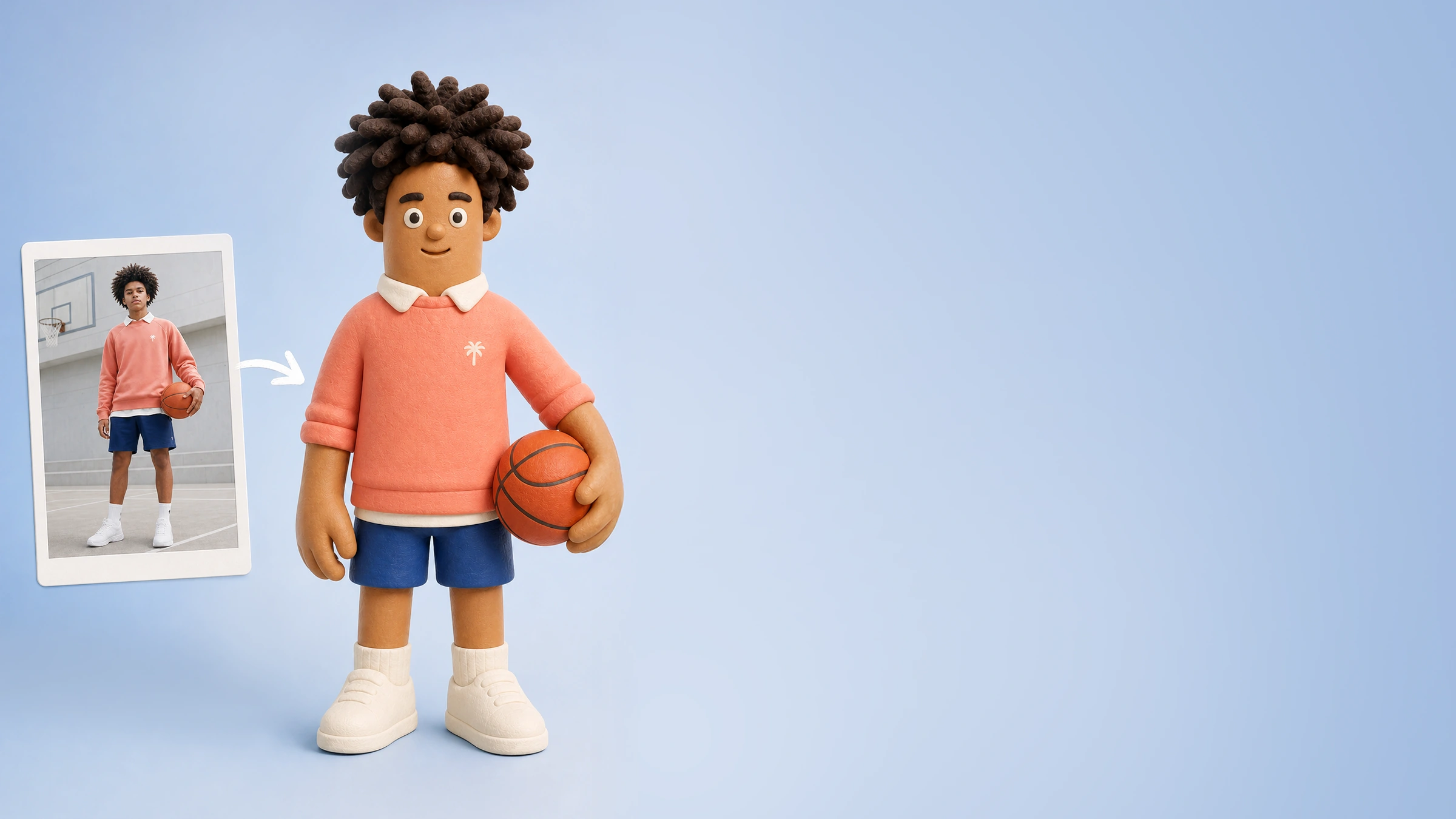 A framed photo of a young basketball player beside the corresponding Finger-person Cartoon 3D figurine with cylindrical limbs and simple facial features.