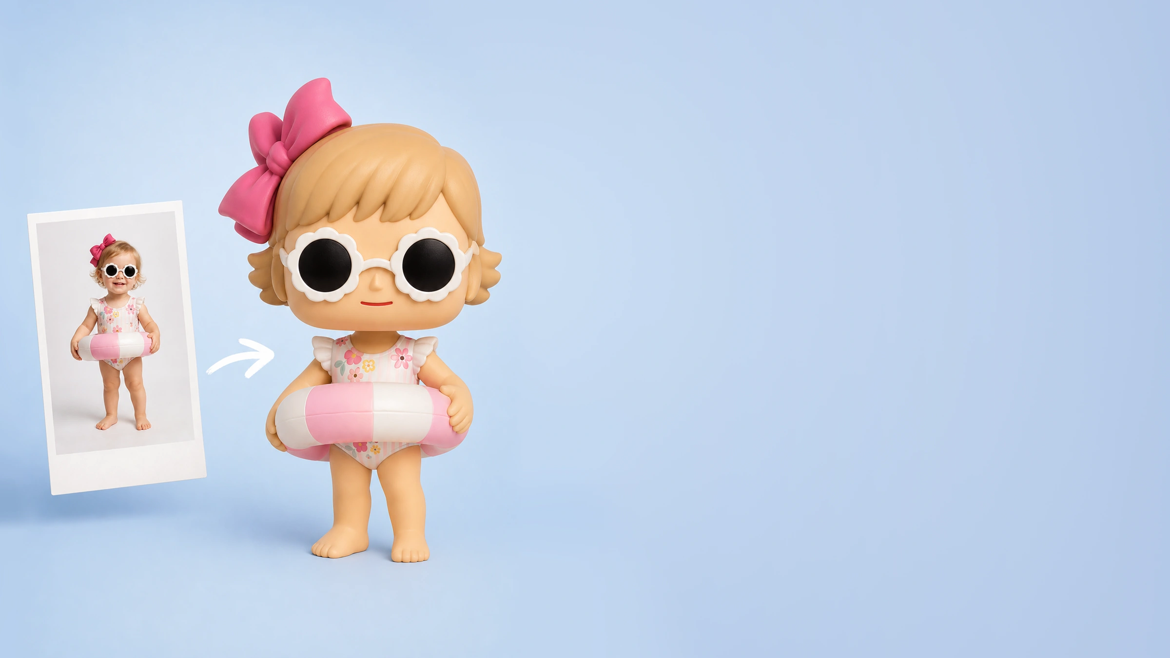 A framed photo of a child with a swim ring beside the corresponding Square-head Cartoon 3D figurine with a large square head and black round eyes.