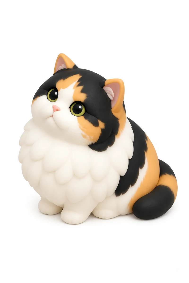 Cartoon design of the calico cat, preserving its orange, black and white markings